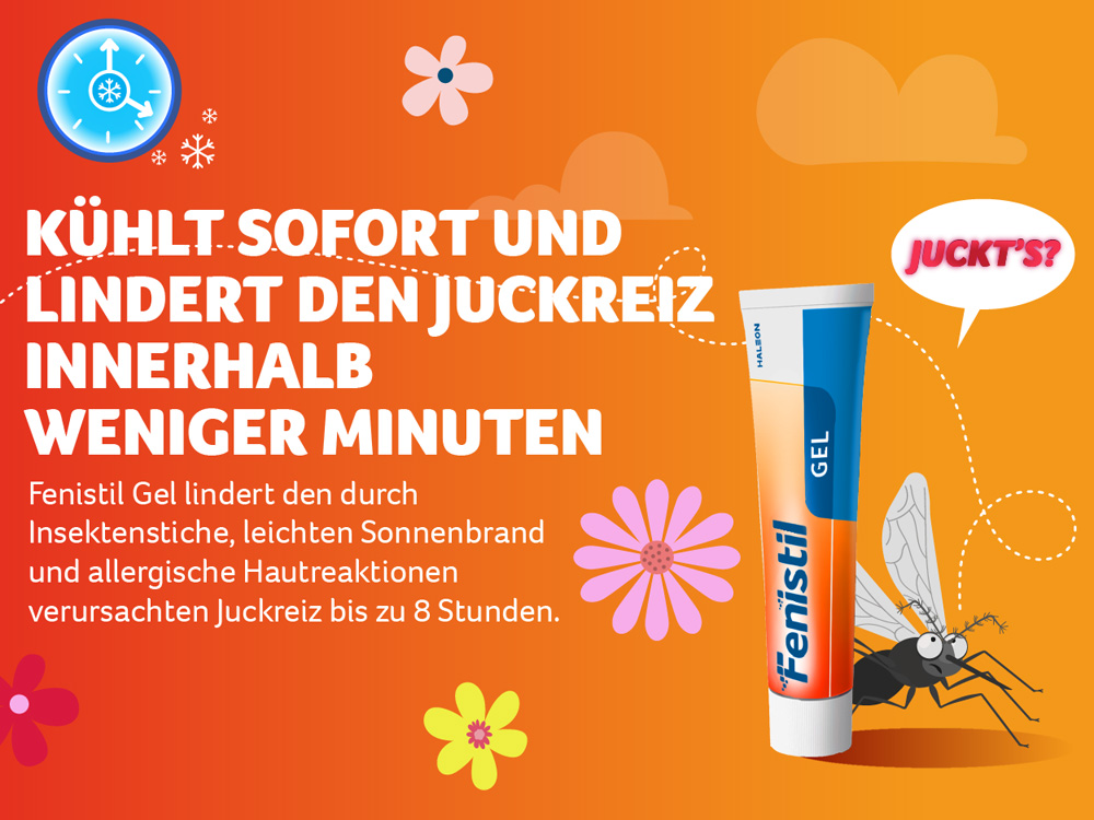 Frau kratzt sich am Arm. Text: Kühlt sofort und lindert den Juckreiz innerhalb weniger Minuten. Schneeflocken.